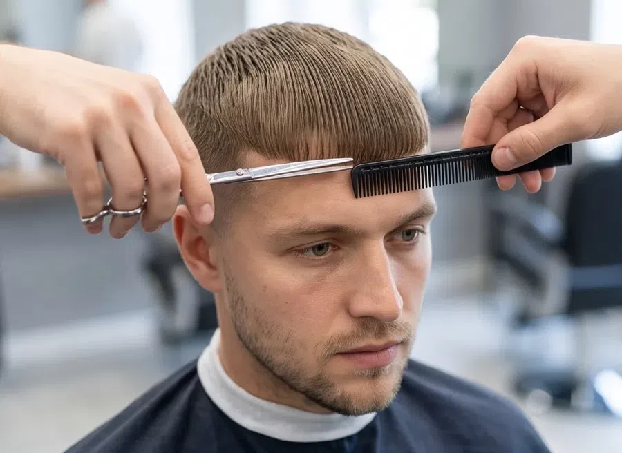 Барбер отрезает ровную линию чёлки французского кропа