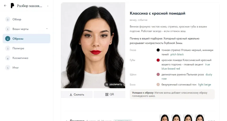 Карточка образа «Классика с красной помадой»: оттенки подтона и пошаговая схема