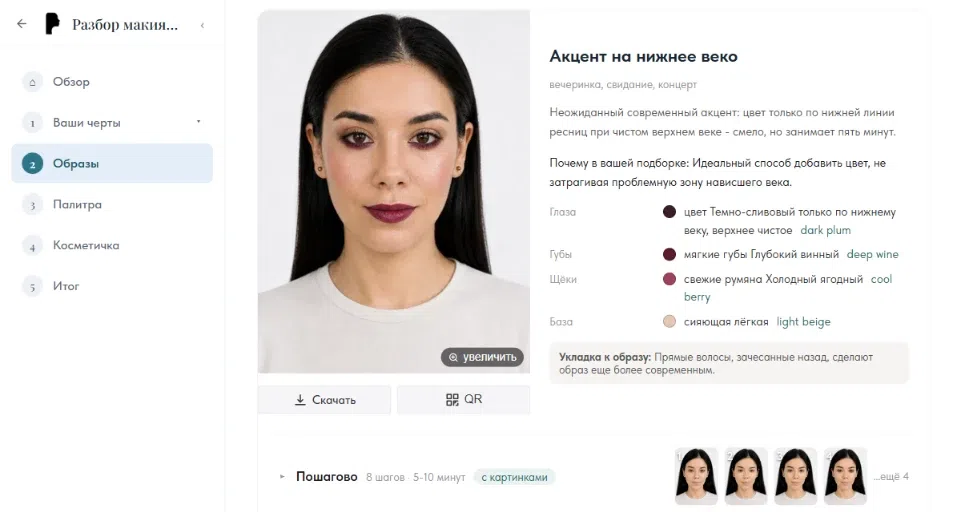 Карточка образа «Акцент на нижнее веко»: приём под нависшее веко с объяснением