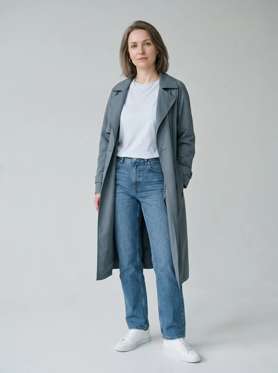 Цветотип Холодное Лето - smart casual: холодные джинсы, белая футболка, серо-голубой тренч