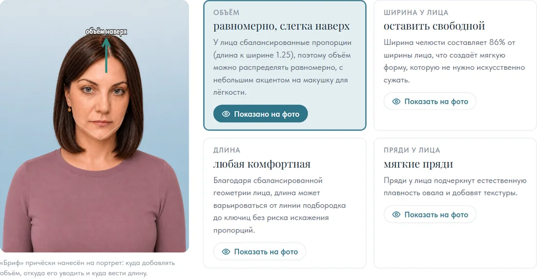 Раздел отчёта «Принцип»: карта лица и бриф причёски