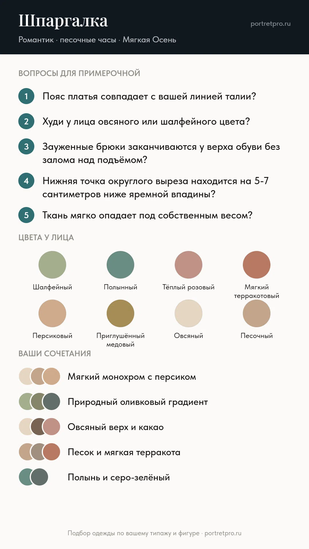 Шпаргалка из отчёта на экране телефона: пять вопросов для примерочной, цвета у лица и сочетания