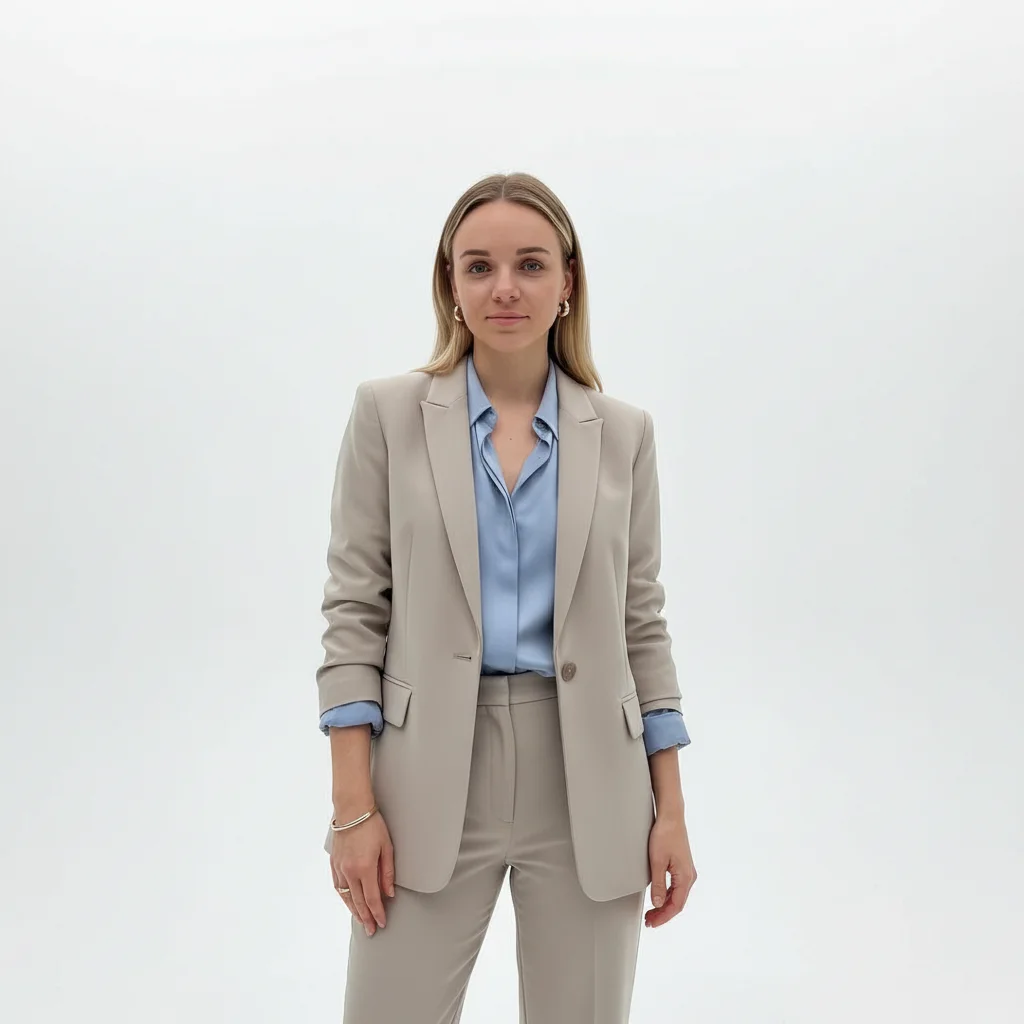 Бежевый костюм + синяя рубашка + золотые аксессуары