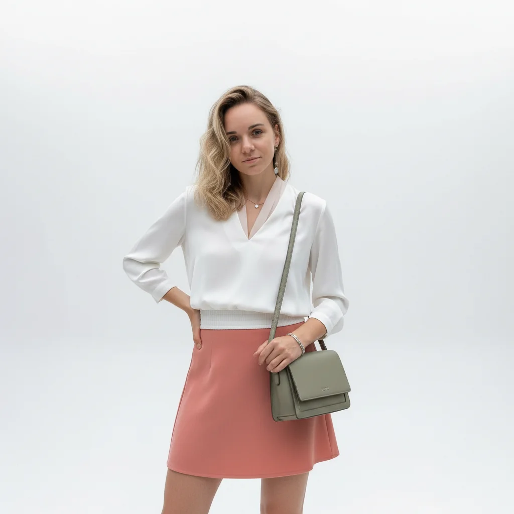 Белая основа + коралловые акценты + оливковая сумка