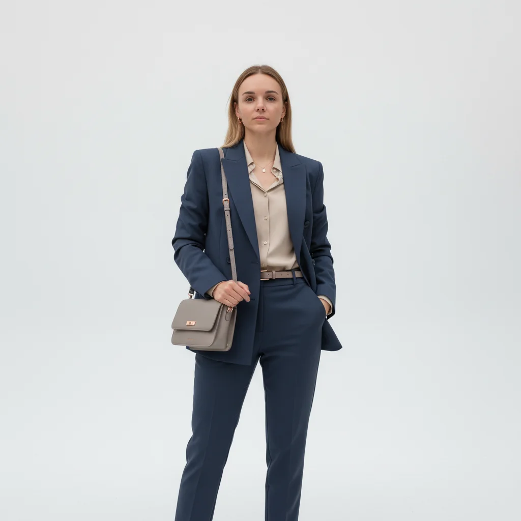 Тёмно-синий костюм + бежевая рубашка + медные детали